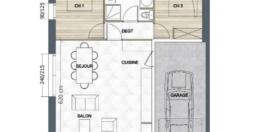 Plan de maison Surface terrain 61 m2 - 3 pièces - 2  chambres -  avec garage 