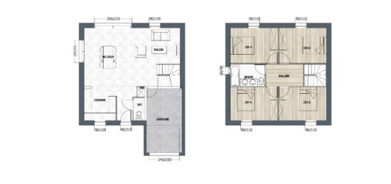 Plan de maison Surface terrain 99 m2 - 5 pièces - 4  chambres -  avec garage 