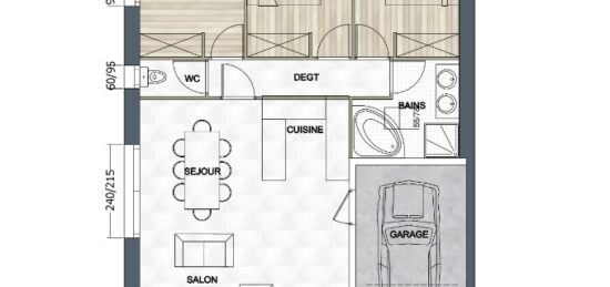 Plan de maison Surface terrain 77 m2 - 4 pièces - 3  chambres -  avec garage 