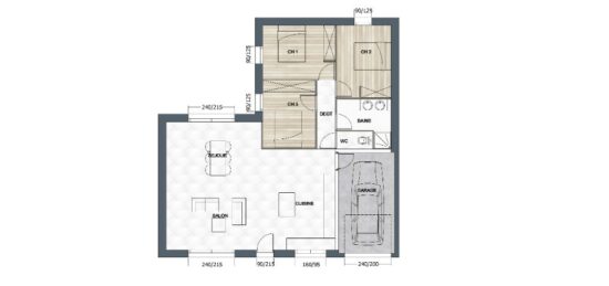Plan de maison Surface terrain 93 m2 - 4 pièces - 3  chambres -  avec garage 