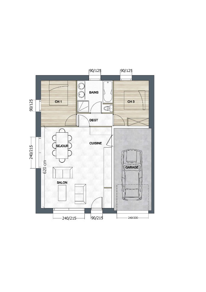 Plan de maison Surface terrain 61 m2 - 3 pièces - 2  chambres -  avec garage 