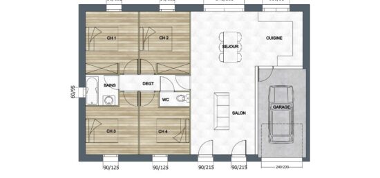Plan de maison Surface terrain 90 m2 - 5 pièces - 4  chambres -  avec garage 