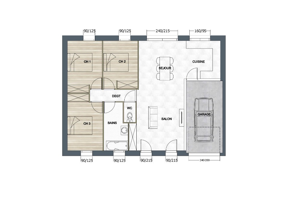 Plan de maison Surface terrain 82 m2 - 4 pièces - 3  chambres -  avec garage 