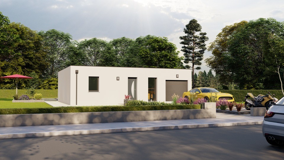 Plan de maison Surface terrain 65 m2 - 3 pièces - 2  chambres -  avec garage 