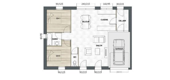 Plan de maison Surface terrain 65 m2 - 3 pièces - 2  chambres -  avec garage 