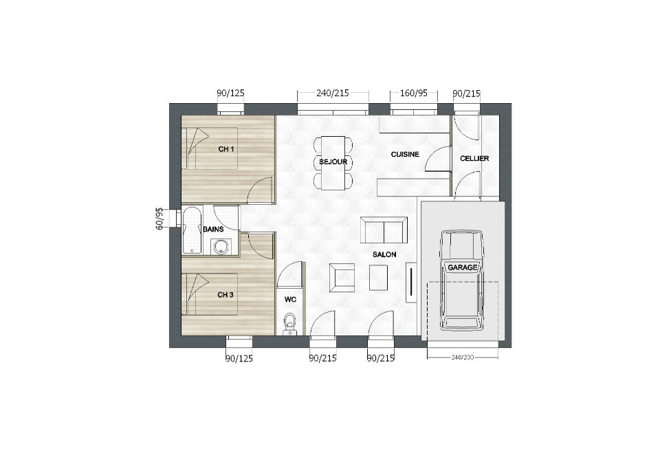 Plan de maison Surface terrain 65 m2 - 3 pièces - 2  chambres -  avec garage 