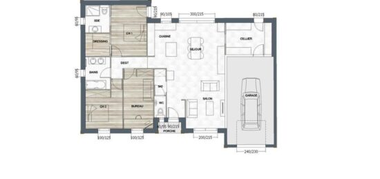 Plan de maison Surface terrain 113 m2 - 3 pièces - 3  chambres -  avec garage 