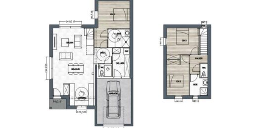 Plan de maison Surface terrain 104 m2 - 4 pièces - 3  chambres -  avec garage 