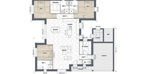 Plan de maison Surface terrain 124 m2 - 4 pièces - 3  chambres -  sans garage 
