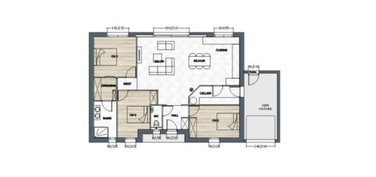 Plan de maison Surface terrain 97 m2 - 4 pièces - 3  chambres -  avec garage 