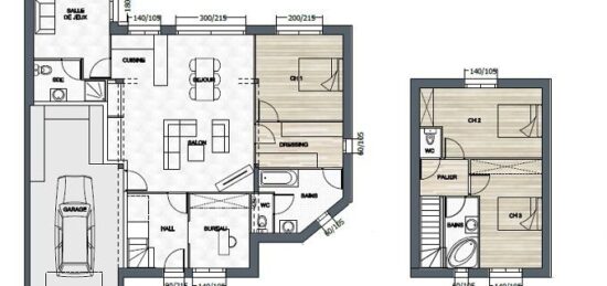 Plan de maison Surface terrain 139 m2 - 4 pièces - 3  chambres -  avec garage 