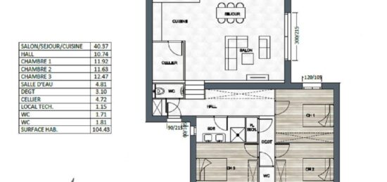 Plan de maison Surface terrain 104 m2 - 4 pièces - 3  chambres -  sans garage 