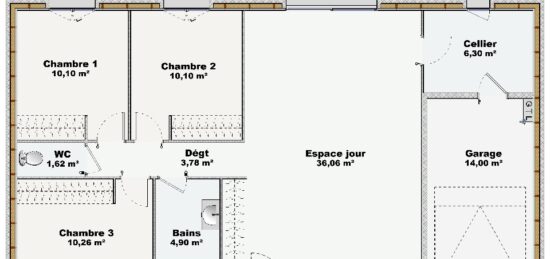 Plan de maison Surface terrain 83 m2 - 4 pièces - 3  chambres -  avec garage 