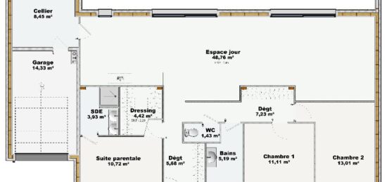 Plan de maison Surface terrain 120 m2 - 5 pièces - 3  chambres -  avec garage 