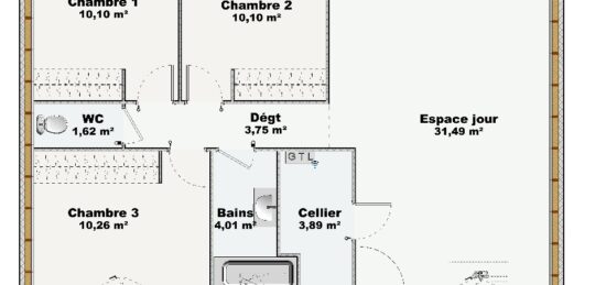 Plan de maison Surface terrain 75 m2 - 4 pièces - 3  chambres -  sans garage 